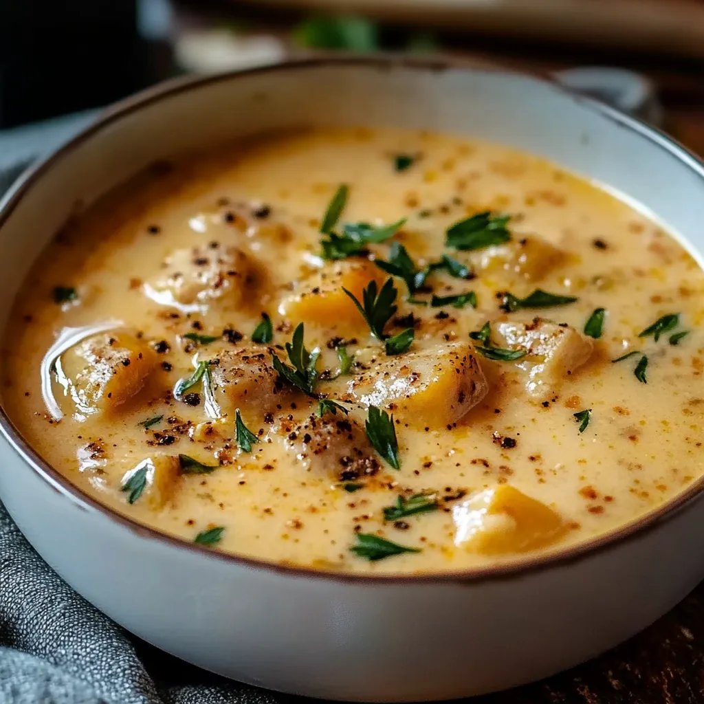 Cremige Käsesuppe mit Hähnchenhackfleisch