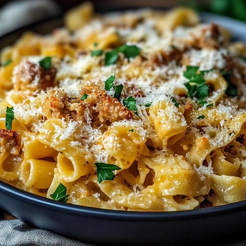 Knuspriger Nudel-Hähnchen-Auflauf mit Knoblauch und Parmesan
