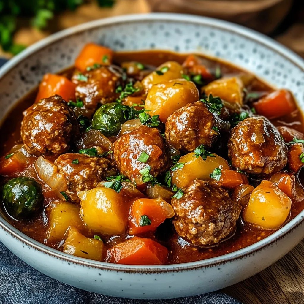 Herzhafter Rosenkohl-Eintopf mit würzigen Fleischbällchen und Gemüse